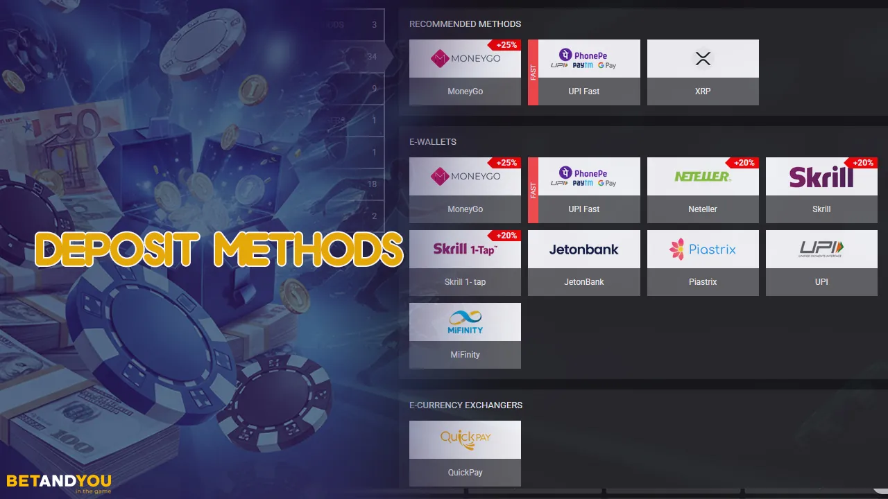 You can top up your BetAndYou account using any of the methods available in India.
