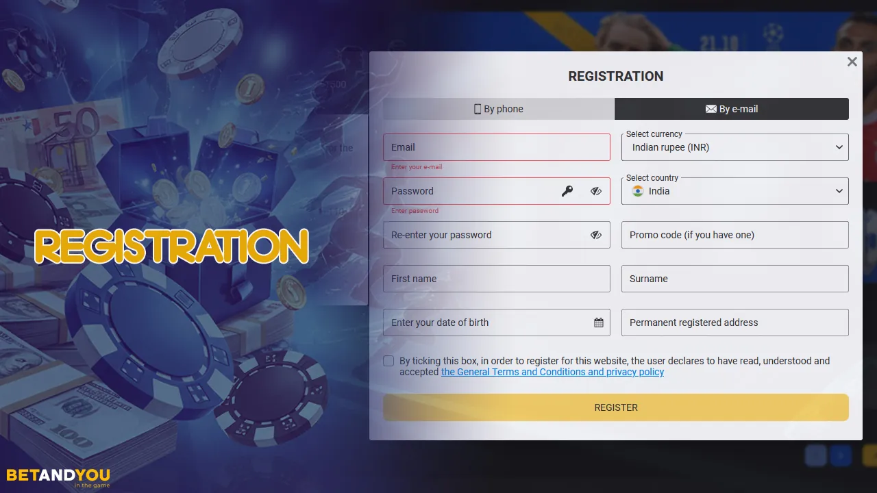 Registration at BetAndYou casino is possible using email or phone number.